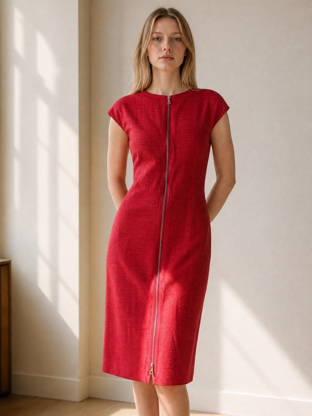 Dolce & Gabbana Red Zip-Front Cap Sleeve Midi Dress
